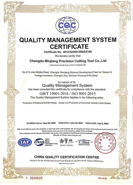 China Chengdu Minjiang Precision Cutting Tool Co., Ltd. Certificaciones